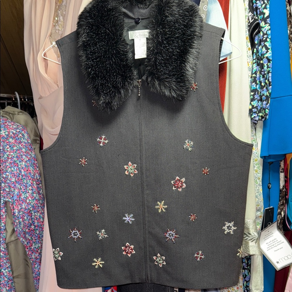 Christopher & Banks Charcoal Vest with Embroidery and Faux Fur Collar